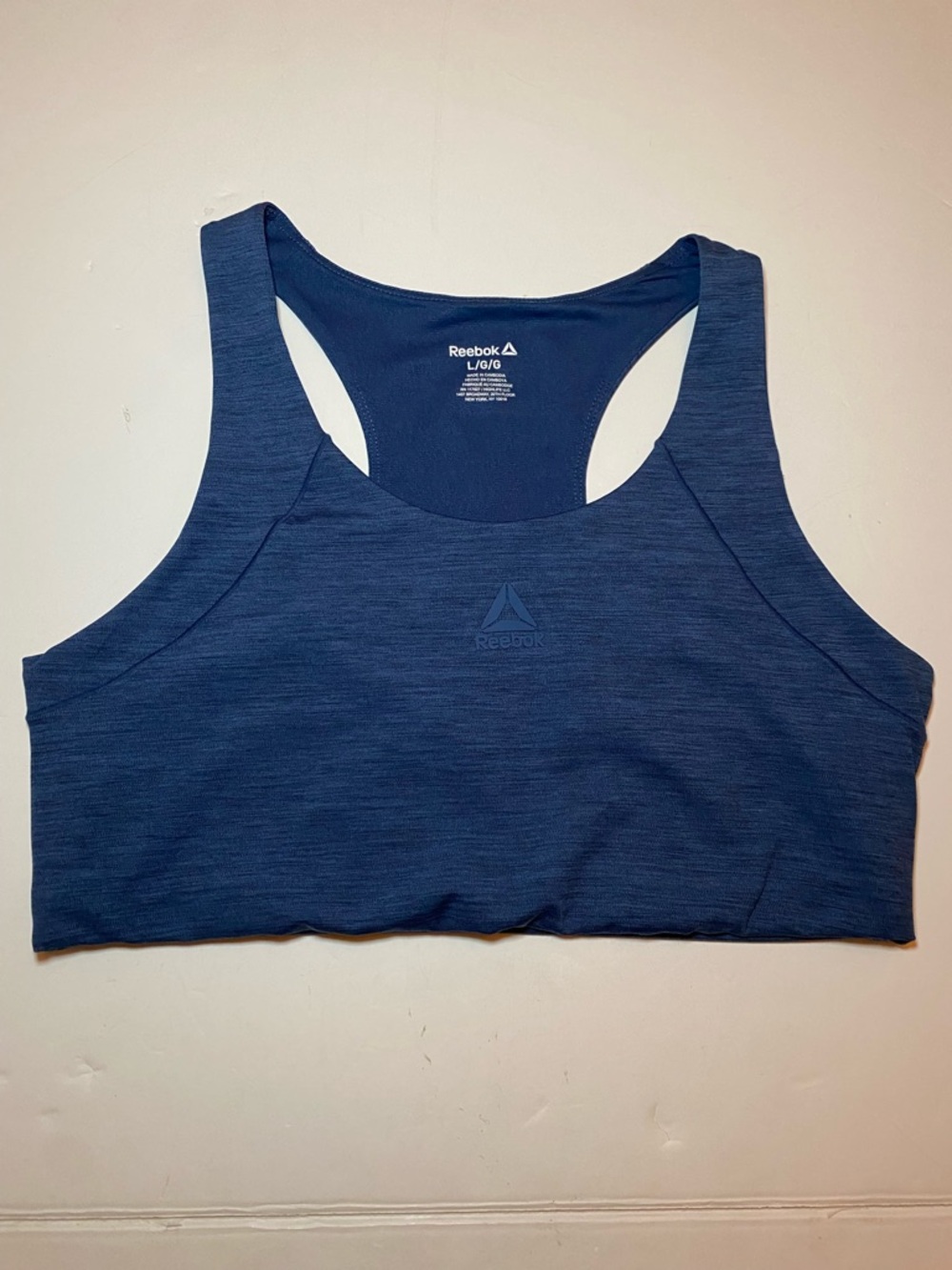 Reebok Navy Racerback Support Sports Bra Add your cup for your support level. L